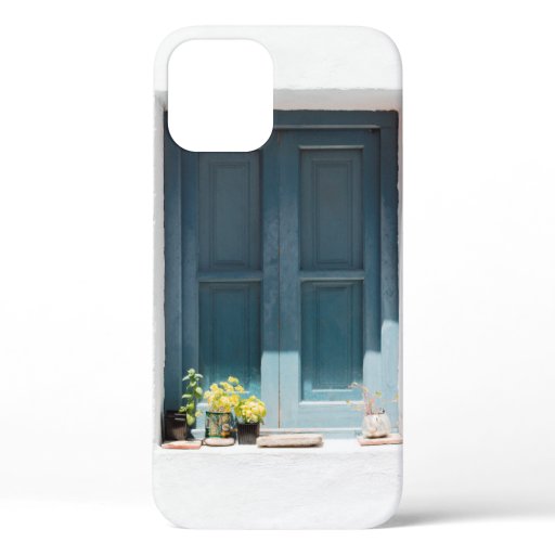BLUE WOODEN DOOR ON WHITE CONCRETE WALL iPhone 12 CASE