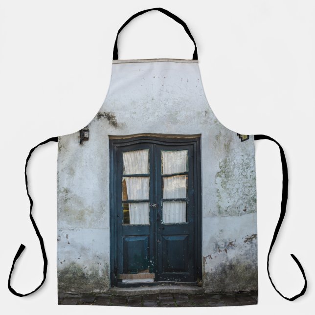 BLUE WOODEN DOOR PANEL IN WHITE BUILDING APRON (Front)
