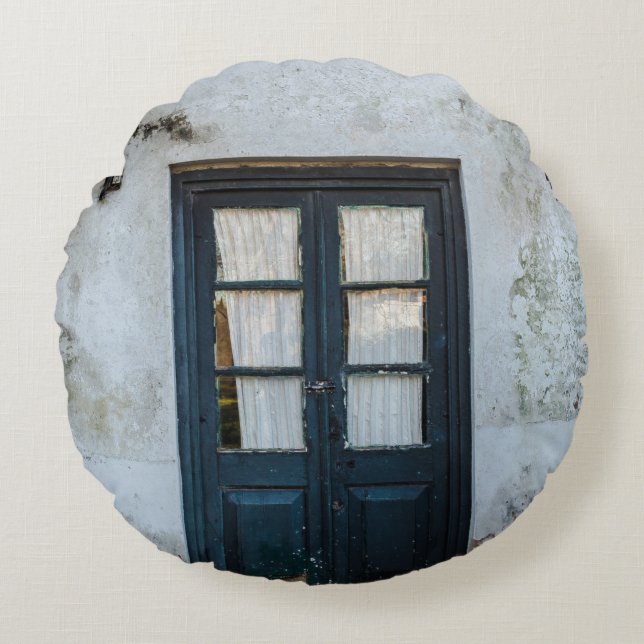 BLUE WOODEN DOOR PANEL IN WHITE BUILDING ROUND PILLOW (Front)