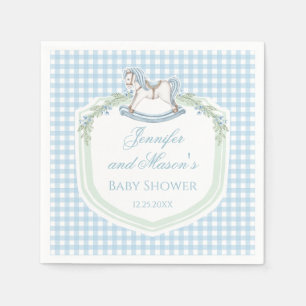 Blue wooden horse gingham crest baby boy shower napkins