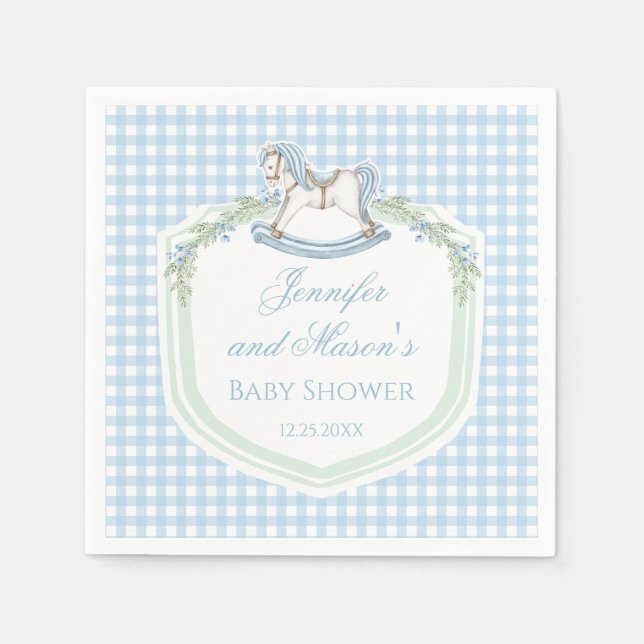 Blue wooden horse gingham crest baby boy shower napkins (Front)