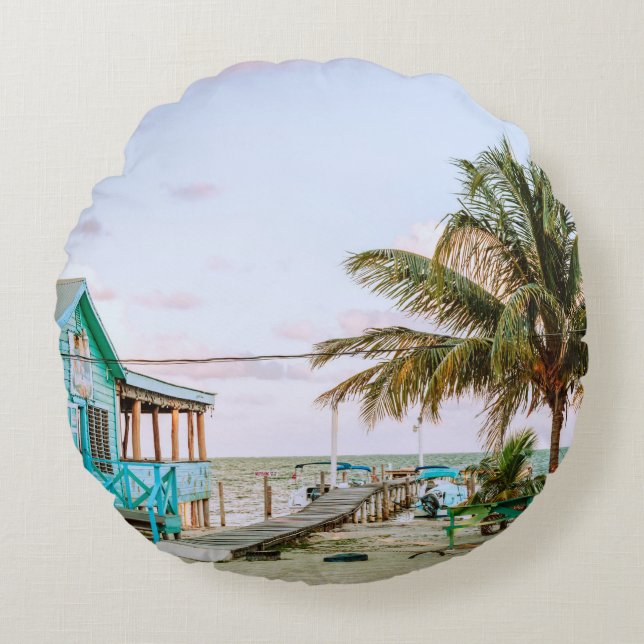 BLUE WOODEN HOUSE NEAR BODY OF WATER ROUND PILLOW (Front)