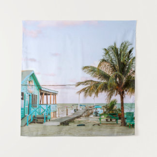 BLUE WOODEN HOUSE NEAR BODY OF WATER TAPESTRY