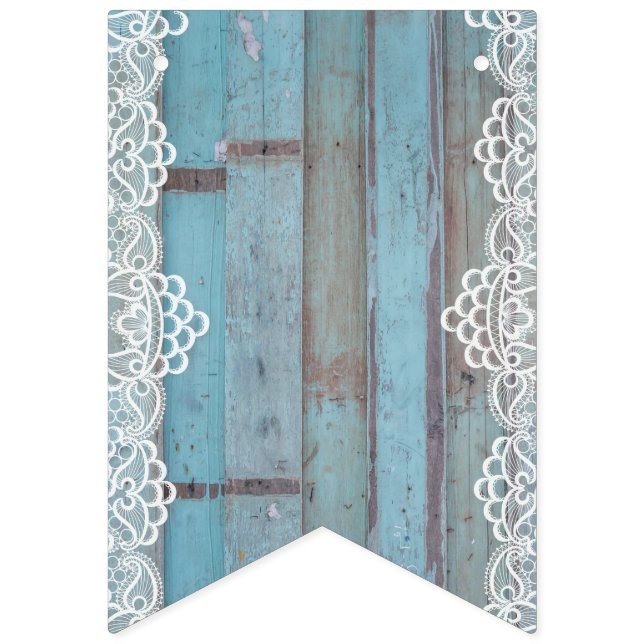 Blue Wooden Panel With White Lace Bunting Flags (First Flag)