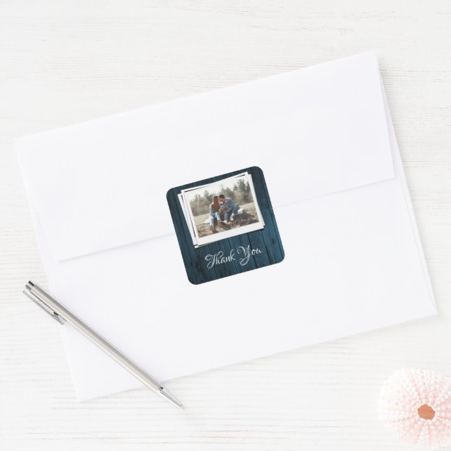 Blue Wooden Photo Thank You Stickers (Envelope)