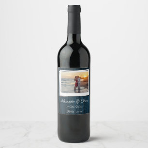 Blue Wooden Photo Wedding Wine Label