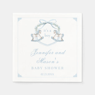 Blue wooden rocking horse crest baby boy shower napkins