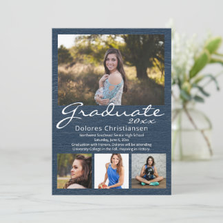 Blue Woodgrain Modern 4 Photo Graduation Invitation
