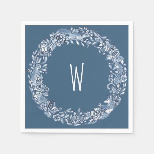 Blue Woodland Animal Floral Wreath Nature Monogram Napkins