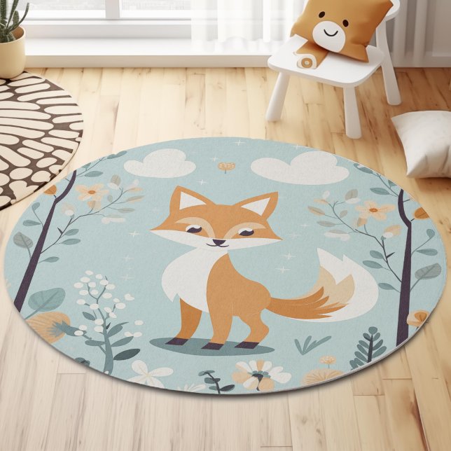 Blue Woodland Animal Fox, Baby Boy Nursery Decor Rug (Woodland Animal Fox, Baby Boy Shower Nursery Area Rugs,)