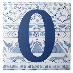 Blue Woodland Animal Ikat House Address Number 0 Ceramic Tile