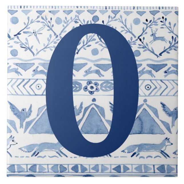 Blue Woodland Animal Ikat House Address Number 0 Ceramic Tile (Front)