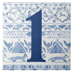 Blue Woodland Animal Ikat House Address Number 1 Ceramic Tile