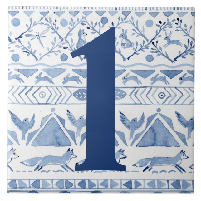 Blue Woodland Animal Ikat House Address Number 1 Ceramic Tile (Front)