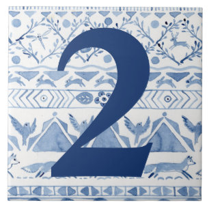 Blue Woodland Animal Ikat House Address Number 2 Ceramic Tile