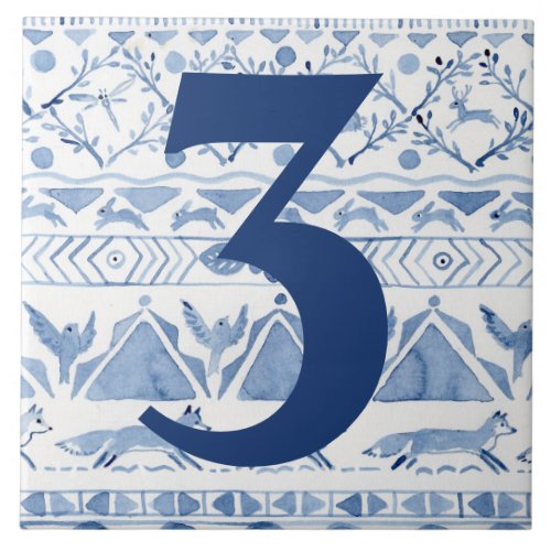 Blue Woodland Animal Ikat House Address Number 3 Ceramic Tile