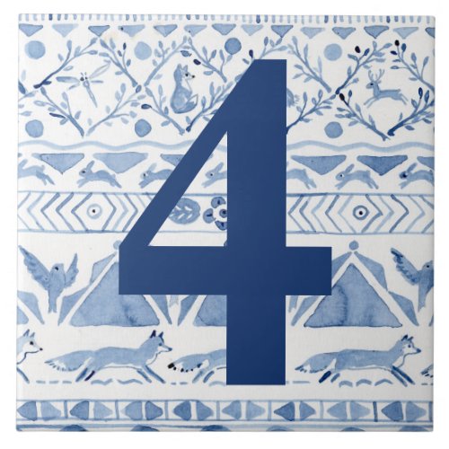 Blue Woodland Animal Ikat House Address Number 4 Ceramic Tile