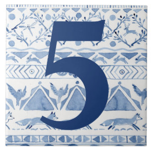 Blue Woodland Animal Ikat House Address Number 5 Ceramic Tile