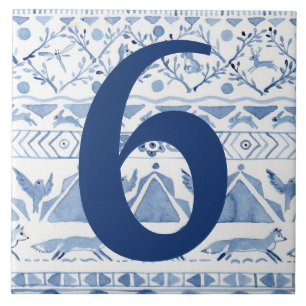 Blue Woodland Animal Ikat House Address Number 6 Ceramic Tile