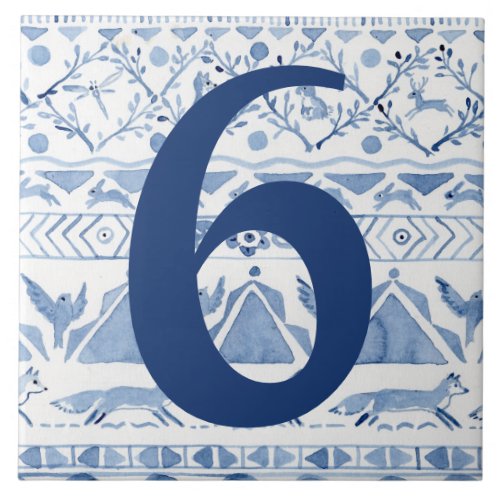 Blue Woodland Animal Ikat House Address Number 6 Ceramic Tile