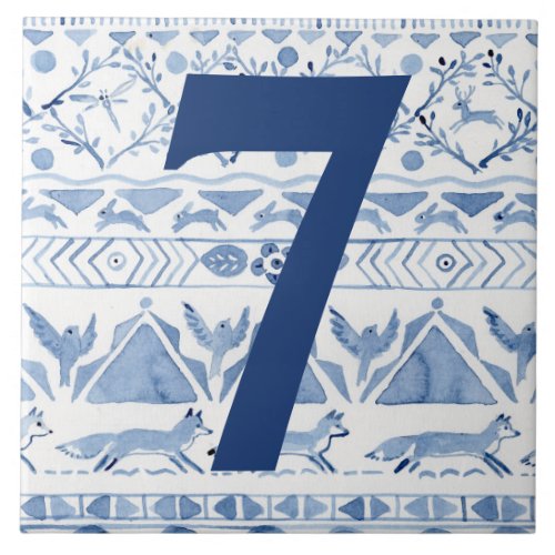 Blue Woodland Animal Ikat House Address Number 7 Ceramic Tile