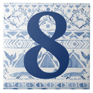 Blue Woodland Animal Ikat House Address Number 8 Ceramic Tile