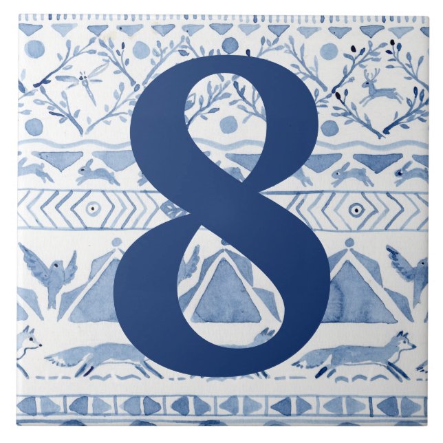 Blue Woodland Animal Ikat House Address Number 8 Ceramic Tile (Front)