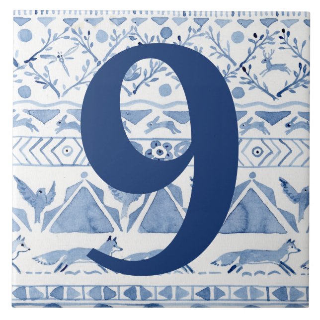 Blue Woodland Animal Ikat House Address Number 9 Ceramic Tile (Front)