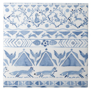 Blue Woodland Animal Ikat Pattern Fox Rabbit Bird Ceramic Tile