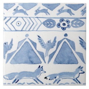 Blue Woodland Animal Ikat Pattern Fox Version 2 Ceramic Tile