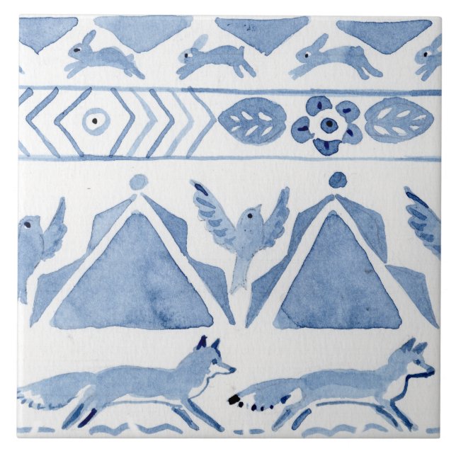 Blue Woodland Animal Ikat Pattern Fox Version 2 Ceramic Tile (Front)