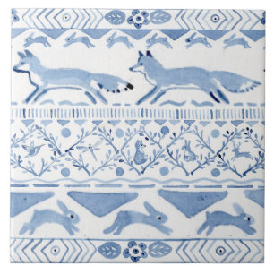 Blue Woodland Animal Ikat Pattern Fox Version 3 Ceramic Tile