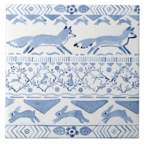 Blue Woodland Animal Ikat Pattern Fox Version 3 Ceramic Tile