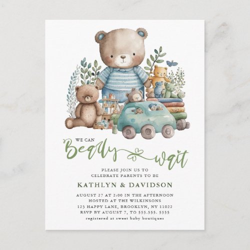 Blue Woodland Animal Toys Cute Script Baby Shower Invitation Postcard