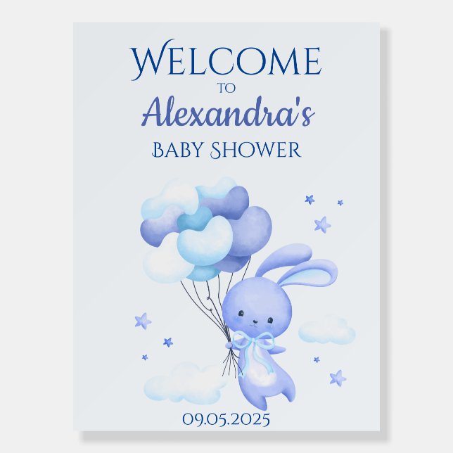 Blue Woodland Bunny Rabbit Baby Shower Welcome Foam Board (Front)
