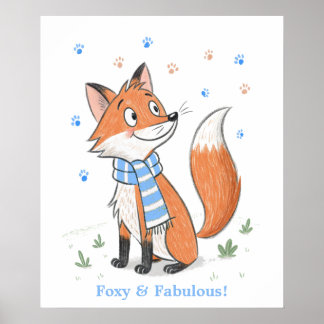 Blue Woodland Cheeky Fox Playful Doodle Animal  Poster