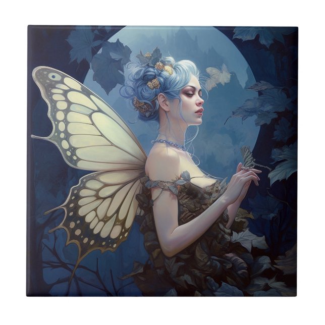 Blue Woodland Fairy Fantasy Art Ceramic Tile (Front)