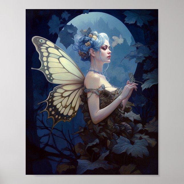 Blue Woodland Fairy Fantasy Art Poster (Front)