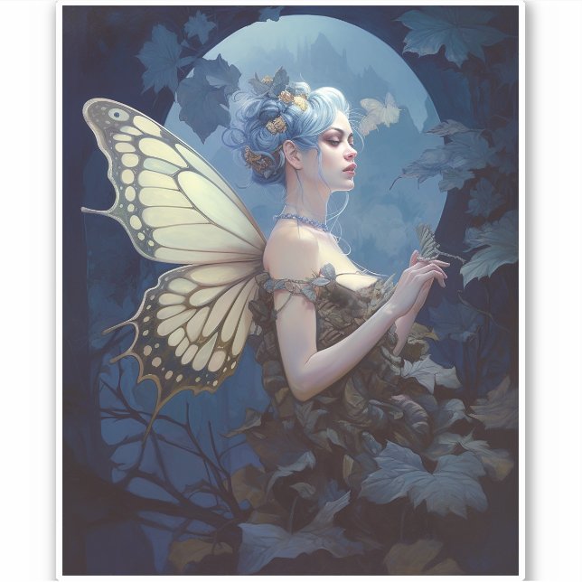 Blue Woodland Fairy Fantasy Art Sticker (Front)