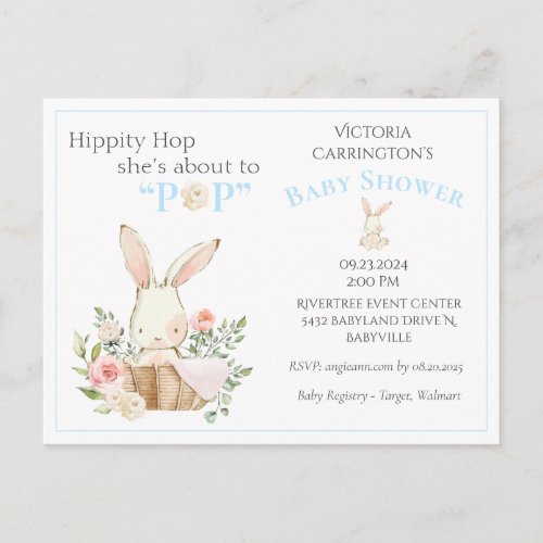 Blue Woodland Forest Bunny Floral Baby Invitation Postcard