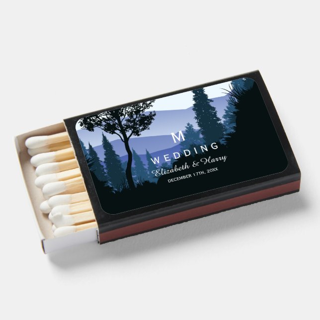 Blue Woodland Forest, Rustic Wedding Matchboxes (Front Open)