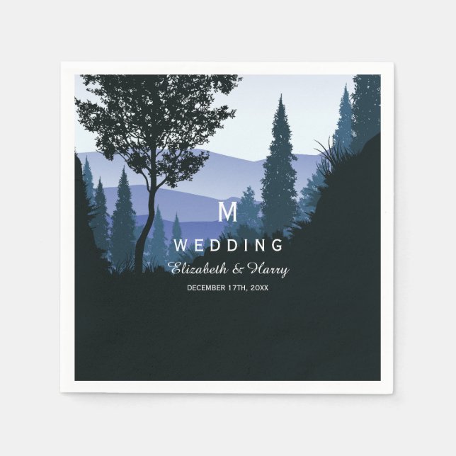 Blue Woodland Forest, Rustic Wedding Napkins (Front)