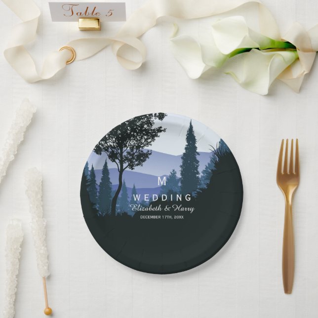 Blue Woodland Forest, Rustic Wedding Paper Plates (Wedding)