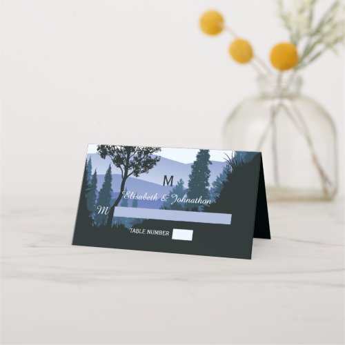 Blue Woodland Forest Rustic Wedding Place Card