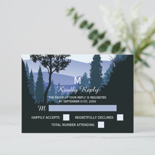Blue Woodland Forest Rustic Wedding RSVP Card