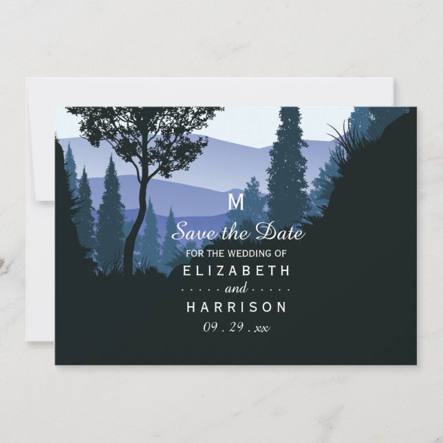 Blue Woodland Forest, Rustic Wedding Save the Date (Front)