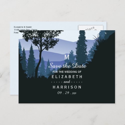 Blue Woodland Forest Rustic Wedding Save the Date Announcement Postcard