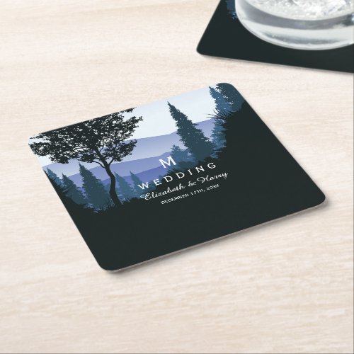Blue Woodland Forest Rustic Wedding Square Paper Coaster