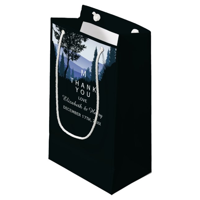 Blue Woodland Forest, Rustic Wedding Thank You Small Gift Bag (Front Angled)