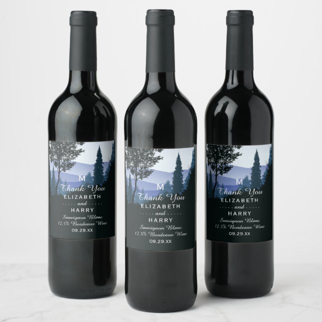 Blue Woodland Forest, Rustic Wedding Wine Label (Bottles)